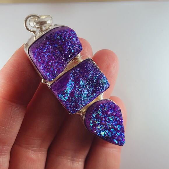 Purple Druzy Quartz Sterling Silver Pendant 2.5" Iridescent Triple Drop - Picture 11 of 13